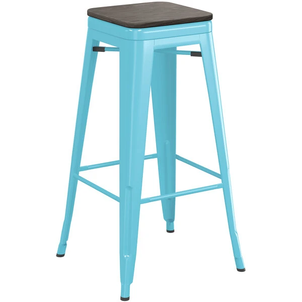 LT&S Alloy Series Lancaster Table & Seating Alloy Series Arctic Blue Metal Indoor Industrial Cafe Bar Height Stool With Black Wood Seat 2 LT&S Alloy Series Lancaster Table & Seating Alloy Series Arctic Blue Metal Indoor Industrial Cafe Bar Height Stool With Black Wood Seat - Image 2