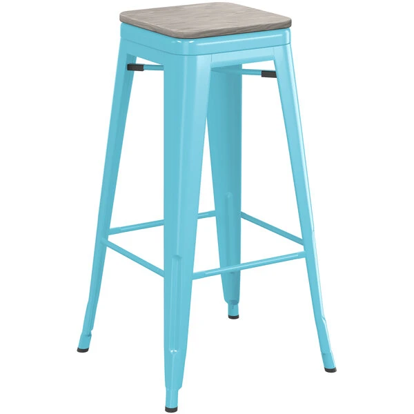 LT&S Alloy Series Lancaster Table & Seating Alloy Series Arctic Blue Stackable Metal Indoor Industrial Barstool With Gray Wood Seat 2 LT&S Alloy Series Lancaster Table & Seating Alloy Series Arctic Blue Stackable Metal Indoor Industrial Barstool With Gray Wood Seat - Image 2