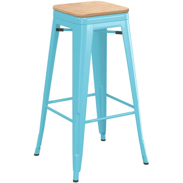 LT&S Alloy Series Lancaster Table & Seating Alloy Series Arctic Blue Metal Indoor Industrial Cafe Bar Height Stool With Natural Wood Seat 2 LT&S Alloy Series Lancaster Table & Seating Alloy Series Arctic Blue Metal Indoor Industrial Cafe Bar Height Stool With Natural Wood Seat - Image 2