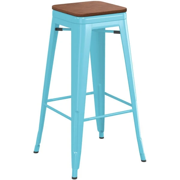 LT&S Alloy Series Lancaster Table & Seating Alloy Series Arctic Blue Metal Indoor Industrial Cafe Bar Height Stool With Walnut Wood Seat 2 LT&S Alloy Series Lancaster Table & Seating Alloy Series Arctic Blue Metal Indoor Industrial Cafe Bar Height Stool With Walnut Wood Seat - Image 2