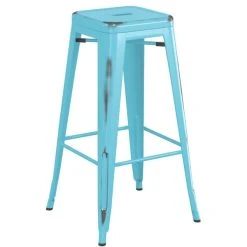 LT&S Alloy Series Lancaster Table & Seating Alloy Series Distressed Arctic Blue Stackable Metal Indoor Industrial Barstool With Black Wood Seat -Zown Shop 2432870