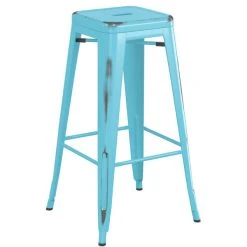 LT&S Alloy Series Lancaster Table & Seating Alloy Series Distressed Arctic Blue Stackable Metal Indoor Industrial Barstool With Gray Wood Seat -Zown Shop 2432872