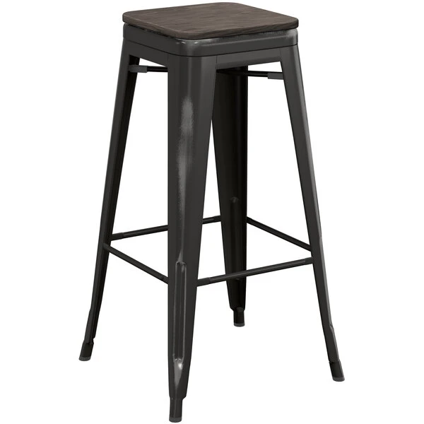 LT&S Alloy Series Lancaster Table & Seating Alloy Series Distressed Black Metal Indoor Industrial Cafe Bar Height Stool With Black Wood Seat 2 LT&S Alloy Series Lancaster Table & Seating Alloy Series Distressed Black Metal Indoor Industrial Cafe Bar Height Stool With Black Wood Seat - Image 2