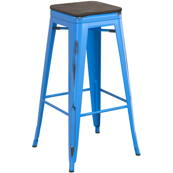 LT&S Alloy Series Lancaster Table & Seating Alloy Series Distressed Blue Stackable Metal Indoor Industrial Barstool With Black Wood Seat 2 LT&S Alloy Series Lancaster Table & Seating Alloy Series Distressed Blue Stackable Metal Indoor Industrial Barstool With Black Wood Seat - Image 2