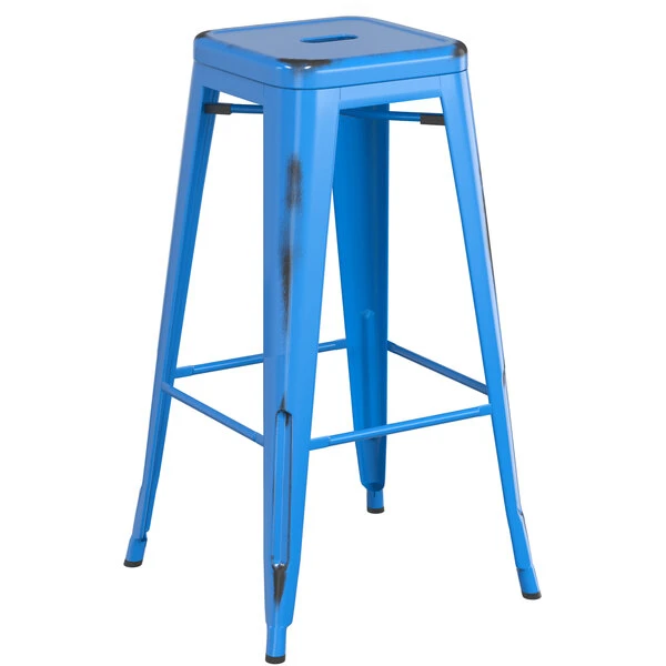 LT&S Alloy Series Lancaster Table & Seating Alloy Series Distressed Blue Stackable Metal Indoor Industrial Barstool With Black Wood Seat 3 LT&S Alloy Series Lancaster Table & Seating Alloy Series Distressed Blue Stackable Metal Indoor Industrial Barstool With Black Wood Seat - Image 3