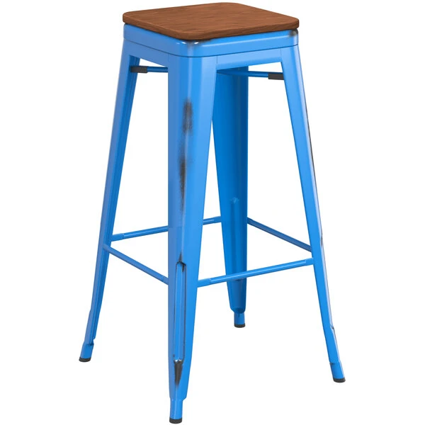 LT&S Alloy Series Lancaster Table & Seating Alloy Series Distressed Blue Stackable Metal Indoor Industrial Barstool With Walnut Wood Seat 2 LT&S Alloy Series Lancaster Table & Seating Alloy Series Distressed Blue Stackable Metal Indoor Industrial Barstool With Walnut Wood Seat - Image 2