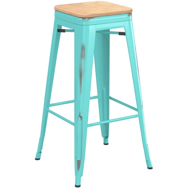 LT&S Alloy Series Lancaster Table & Seating Alloy Series Distressed Seafoam Stackable Metal Indoor Industrial Barstool With Natural Wood Seat 2 LT&S Alloy Series Lancaster Table & Seating Alloy Series Distressed Seafoam Stackable Metal Indoor Industrial Barstool With Natural Wood Seat - Image 2