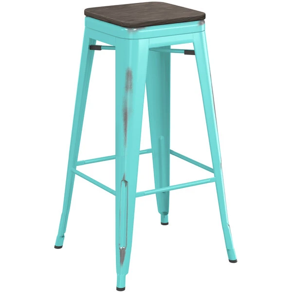 LT&S Alloy Series Lancaster Table & Seating Alloy Series Distressed Seafoam Stackable Metal Indoor Industrial Barstool With Black Wood Seat 2 LT&S Alloy Series Lancaster Table & Seating Alloy Series Distressed Seafoam Stackable Metal Indoor Industrial Barstool With Black Wood Seat - Image 2
