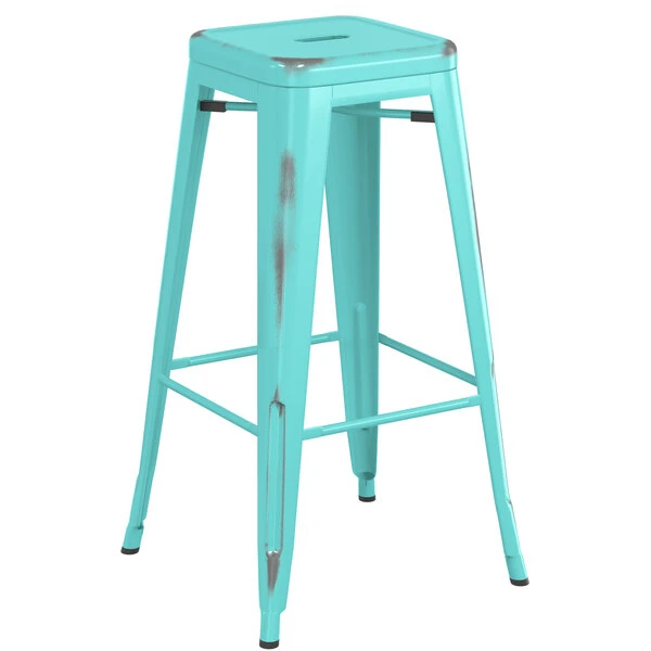 LT&S Alloy Series Lancaster Table & Seating Alloy Series Distressed Seafoam Stackable Metal Indoor Industrial Barstool With Walnut Wood Seat 3 LT&S Alloy Series Lancaster Table & Seating Alloy Series Distressed Seafoam Stackable Metal Indoor Industrial Barstool With Walnut Wood Seat - Image 3
