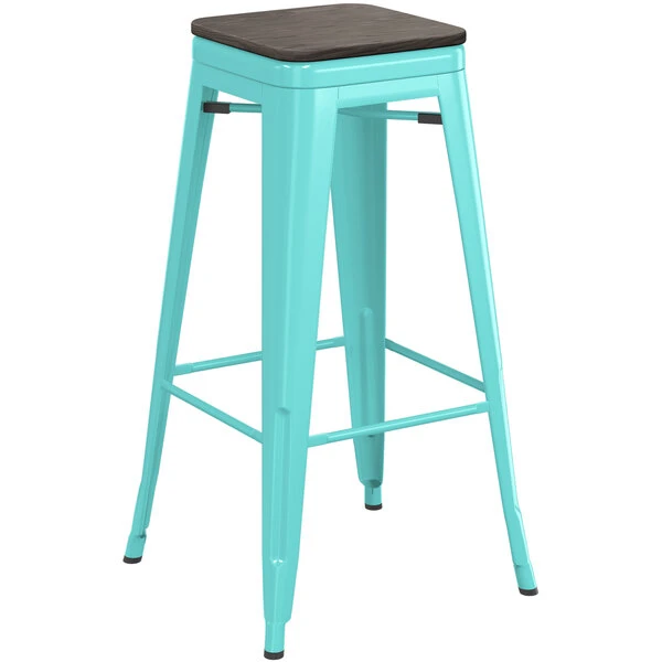 LT&S Alloy Series Lancaster Table & Seating Alloy Series Seafoam Metal Indoor Industrial Cafe Bar Height Stool With Black Wood Seat 2 LT&S Alloy Series Lancaster Table & Seating Alloy Series Seafoam Metal Indoor Industrial Cafe Bar Height Stool With Black Wood Seat - Image 2