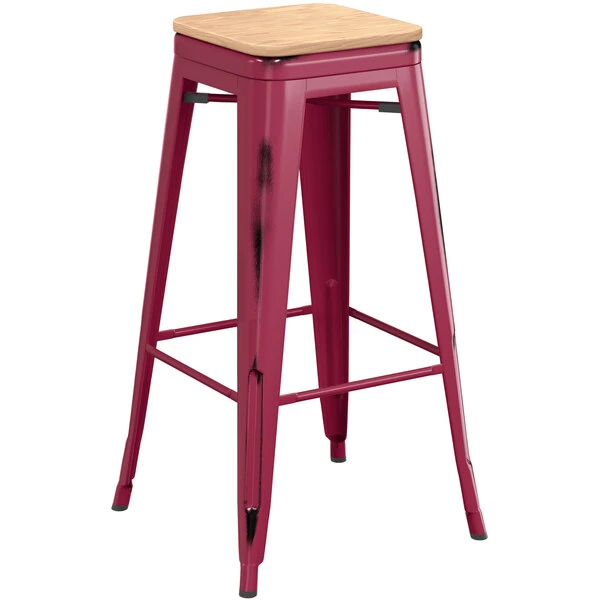 LT&S Alloy Series Lancaster Table & Seating Alloy Series Distressed Sangria Stackable Metal Indoor Industrial Barstool With Natural Wood Seat 2 LT&S Alloy Series Lancaster Table & Seating Alloy Series Distressed Sangria Stackable Metal Indoor Industrial Barstool With Natural Wood Seat - Image 2