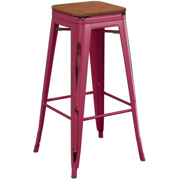 LT&S Alloy Series Lancaster Table & Seating Alloy Series Distressed Sangria Stackable Metal Indoor Industrial Barstool With Walnut Wood Seat 2 LT&S Alloy Series Lancaster Table & Seating Alloy Series Distressed Sangria Stackable Metal Indoor Industrial Barstool With Walnut Wood Seat - Image 2