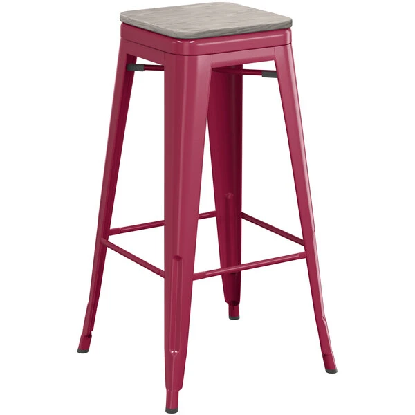 LT&S Alloy Series Lancaster Table & Seating Alloy Series Sangria Stackable Metal Indoor Industrial Barstool With Gray Wood Seat 2 LT&S Alloy Series Lancaster Table & Seating Alloy Series Sangria Stackable Metal Indoor Industrial Barstool With Gray Wood Seat - Image 2