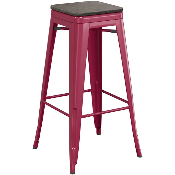 LT&S Alloy Series Lancaster Table & Seating Alloy Series Sangria Metal Indoor Industrial Cafe Bar Height Stool With Black Wood Seat 2 LT&S Alloy Series Lancaster Table & Seating Alloy Series Sangria Metal Indoor Industrial Cafe Bar Height Stool With Black Wood Seat - Image 2