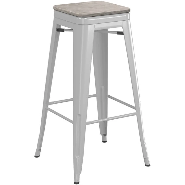 LT&S Alloy Series Lancaster Table & Seating Alloy Series Silver Stackable Metal Indoor Industrial Barstool With Gray Wood Seat 2 LT&S Alloy Series Lancaster Table & Seating Alloy Series Silver Stackable Metal Indoor Industrial Barstool With Gray Wood Seat - Image 2