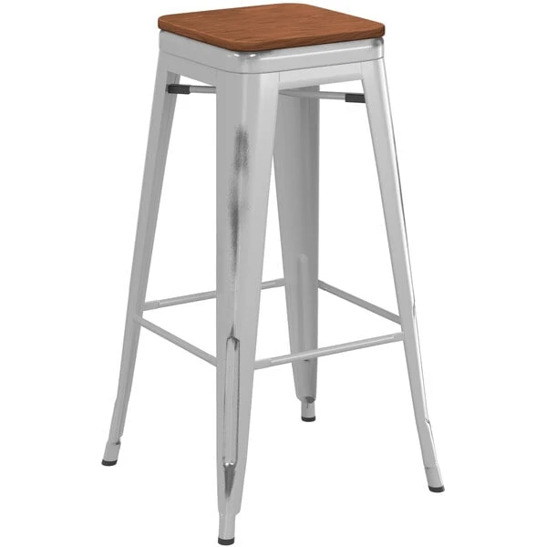 LT&S Alloy Series Lancaster Table & Seating Alloy Series Distressed Silver Stackable Metal Indoor Industrial Barstool With Walnut Wood Seat 2 LT&S Alloy Series Lancaster Table & Seating Alloy Series Distressed Silver Stackable Metal Indoor Industrial Barstool With Walnut Wood Seat - Image 2