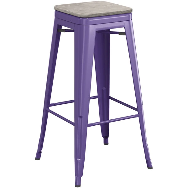LT&S Alloy Series Lancaster Table & Seating Alloy Series Purple Stackable Metal Indoor Industrial Barstool With Gray Wood Seat 2 LT&S Alloy Series Lancaster Table & Seating Alloy Series Purple Stackable Metal Indoor Industrial Barstool With Gray Wood Seat - Image 2