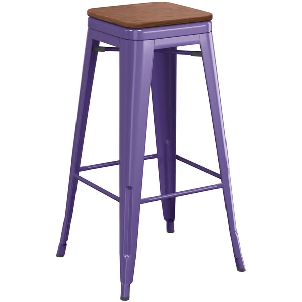 LT&S Alloy Series Lancaster Table & Seating Alloy Series Purple Metal Indoor Industrial Cafe Bar Height Stool With Walnut Wood Seat 2 LT&S Alloy Series Lancaster Table & Seating Alloy Series Purple Metal Indoor Industrial Cafe Bar Height Stool With Walnut Wood Seat - Image 2