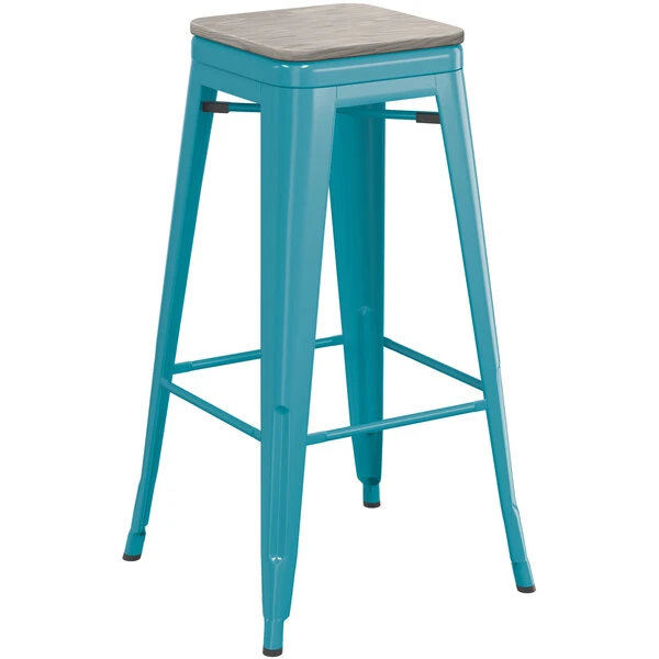 LT&S Alloy Series Lancaster Table & Seating Alloy Series Teal Stackable Metal Indoor Industrial Barstool With Gray Wood Seat 2 LT&S Alloy Series Lancaster Table & Seating Alloy Series Teal Stackable Metal Indoor Industrial Barstool With Gray Wood Seat - Image 2
