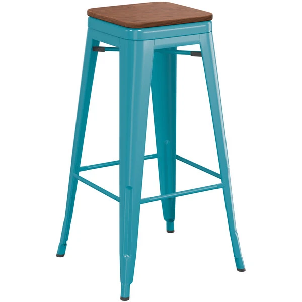 LT&S Alloy Series Lancaster Table & Seating Alloy Series Teal Metal Indoor Industrial Cafe Bar Height Stool With Walnut Wood Seat 2 LT&S Alloy Series Lancaster Table & Seating Alloy Series Teal Metal Indoor Industrial Cafe Bar Height Stool With Walnut Wood Seat - Image 2