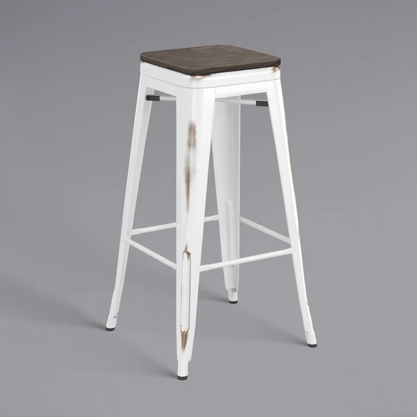 LT&S Alloy Series Lancaster Table & Seating Alloy Series Distressed White Stackable Metal Indoor Industrial Barstool With Black Wood Seat 2 LT&S Alloy Series Lancaster Table & Seating Alloy Series Distressed White Stackable Metal Indoor Industrial Barstool With Black Wood Seat - Image 2