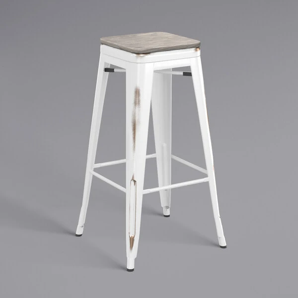 LT&S Alloy Series Lancaster Table & Seating Alloy Series Distressed White Stackable Metal Indoor Industrial Barstool With Gray Wood Seat 2 LT&S Alloy Series Lancaster Table & Seating Alloy Series Distressed White Stackable Metal Indoor Industrial Barstool With Gray Wood Seat - Image 2