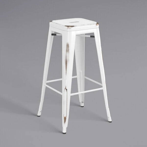 LT&S Alloy Series Lancaster Table & Seating Alloy Series Distressed White Stackable Metal Indoor Industrial Barstool With Gray Wood Seat 3 LT&S Alloy Series Lancaster Table & Seating Alloy Series Distressed White Stackable Metal Indoor Industrial Barstool With Gray Wood Seat - Image 3