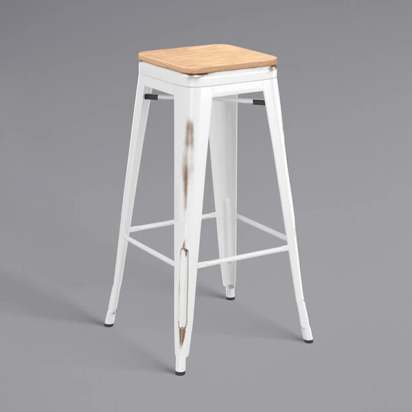 LT&S Alloy Series Lancaster Table & Seating Alloy Series Distressed White Stackable Metal Indoor Industrial Barstool With Natural Wood Seat 2 LT&S Alloy Series Lancaster Table & Seating Alloy Series Distressed White Stackable Metal Indoor Industrial Barstool With Natural Wood Seat - Image 2