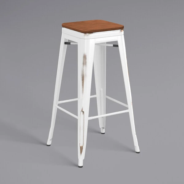 LT&S Alloy Series Lancaster Table & Seating Alloy Series Distressed White Stackable Metal Indoor Industrial Barstool With Walnut Wood Seat 2 LT&S Alloy Series Lancaster Table & Seating Alloy Series Distressed White Stackable Metal Indoor Industrial Barstool With Walnut Wood Seat - Image 2