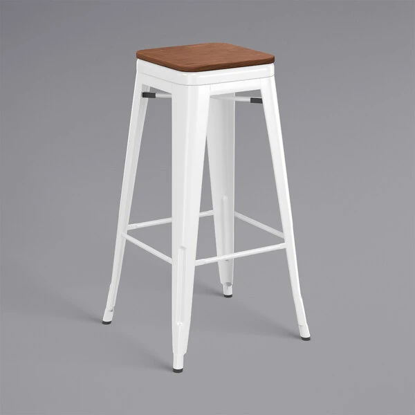 LT&S Alloy Series Lancaster Table & Seating Alloy Series White Metal Indoor Industrial Cafe Bar Height Stool With Walnut Wood Seat 2 LT&S Alloy Series Lancaster Table & Seating Alloy Series White Metal Indoor Industrial Cafe Bar Height Stool With Walnut Wood Seat - Image 2