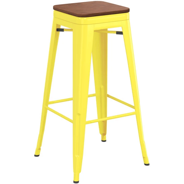 LT&S Alloy Series Lancaster Table & Seating Alloy Series Yellow Metal Indoor Industrial Cafe Bar Height Stool With Walnut Wood Seat 2 LT&S Alloy Series Lancaster Table & Seating Alloy Series Yellow Metal Indoor Industrial Cafe Bar Height Stool With Walnut Wood Seat - Image 2