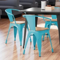 LT&S Alloy Series Lancaster Table & Seating Alloy Series Arctic Blue Metal Indoor Industrial Cafe Arm Chair With Vertical Slat Back And Natural Wood Seat