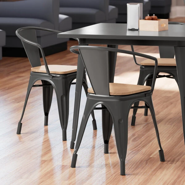 LT&S Alloy Series Lancaster Table & Seating Alloy Series Black Metal Indoor Industrial Cafe Arm Chair With Natural Wooden Seat 1 LT&S Alloy Series Lancaster Table & Seating Alloy Series Black Metal Indoor Industrial Cafe Arm Chair With Natural Wooden Seat