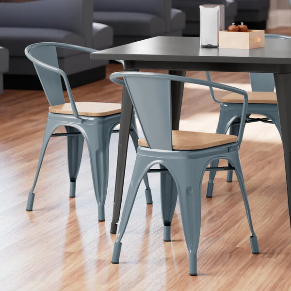 LT&S Alloy Series Lancaster Table & Seating Alloy Series Charcoal Metal Indoor Industrial Cafe Arm Chair With Natural Wood Seat 1 LT&S Alloy Series Lancaster Table & Seating Alloy Series Charcoal Metal Indoor Industrial Cafe Arm Chair With Natural Wood Seat