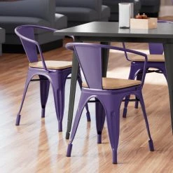 LT&S Alloy Series Lancaster Table & Seating Alloy Series Purple Metal Indoor Industrial Cafe Arm Chair With Natural Wood Seat