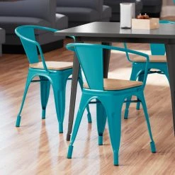 LT&S Alloy Series Lancaster Table & Seating Alloy Series Teal Metal Indoor Industrial Cafe Arm Chair With Natural Wood Seat
