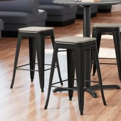 LT&S Alloy Series Lancaster Table & Seating Alloy Series Black Metal Indoor Industrial Cafe Counter Height Stool With Gray Wood Seat