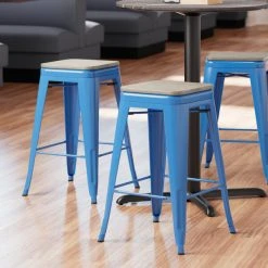 LT&S Alloy Series Lancaster Table & Seating Alloy Series Blue Metal Indoor Industrial Cafe Counter Height Stool With Gray Wood Seat