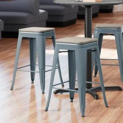 LT&S Alloy Series Lancaster Table & Seating Alloy Series Charcoal Metal Indoor Industrial Cafe Counter Height Stool With Gray Wood Seat