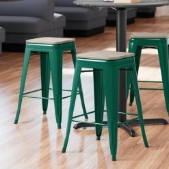 LT&S Alloy Series Lancaster Table & Seating Alloy Series Emerald Metal Indoor Industrial Cafe Counter Height Stool With Gray Wood Seat