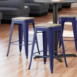 LT&S Alloy Series Lancaster Table & Seating Alloy Series Navy Metal Indoor Industrial Cafe Counter Height Stool With Gray Wood Seat