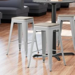 LT&S Alloy Series Lancaster Table & Seating Alloy Series Silver Metal Indoor Industrial Cafe Counter Height Stool With Gray Wood Seat