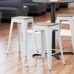 LT&S Alloy Series Lancaster Table & Seating Alloy Series White Metal Indoor Industrial Cafe Counter Height Stool With Gray Wood Seat