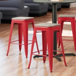 LT&S Alloy Series Lancaster Table & Seating Alloy Series Red Metal Indoor Industrial Cafe Counter Height Stool With Gray Wood Seat
