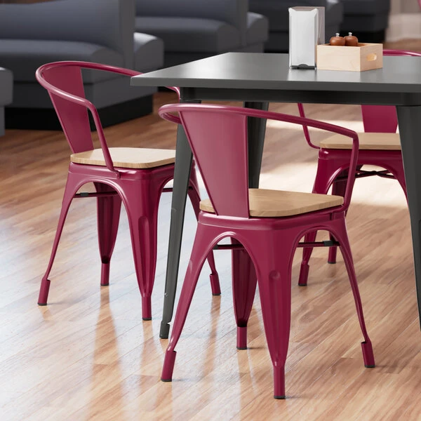 LT&S Alloy Series Lancaster Table & Seating Alloy Series Sangria Metal Indoor Industrial Cafe Arm Chair With Vertical Slat Back And Natural Wood Seat 1 LT&S Alloy Series Lancaster Table & Seating Alloy Series Sangria Metal Indoor Industrial Cafe Arm Chair With Vertical Slat Back And Natural Wood Seat