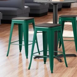 LT&S Alloy Series Lancaster Table & Seating Alloy Series Emerald Metal Indoor Industrial Cafe Counter Height Stool With Black Wood Seat