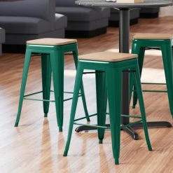 LT&S Alloy Series Lancaster Table & Seating Alloy Series Emerald Metal Indoor Industrial Cafe Counter Height Stool With Natural Wood Seat