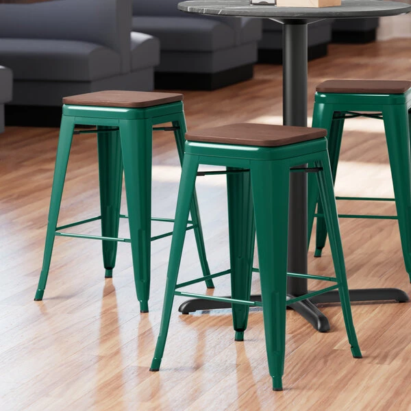 LT&S Alloy Series Lancaster Table & Seating Alloy Series Emerald Metal Indoor Industrial Cafe Counter Height Stool With Walnut Wood Seat 1 LT&S Alloy Series Lancaster Table & Seating Alloy Series Emerald Metal Indoor Industrial Cafe Counter Height Stool With Walnut Wood Seat