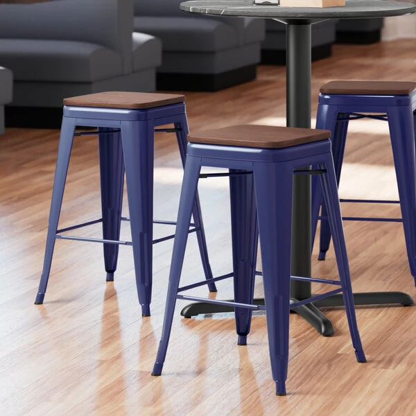 LT&S Alloy Series Lancaster Table & Seating Alloy Series Navy Metal Indoor Industrial Cafe Counter Height Stool With Walnut Wood Seat 1 LT&S Alloy Series Lancaster Table & Seating Alloy Series Navy Metal Indoor Industrial Cafe Counter Height Stool With Walnut Wood Seat