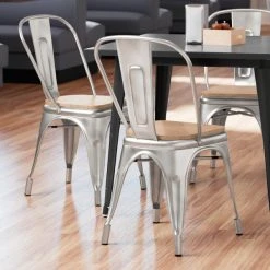 LT&S Alloy Series Lancaster Table & Seating Alloy Series Clear Coated Metal Indoor Industrial Cafe Chair With Vertical Slat Back And Natural Wood Seat